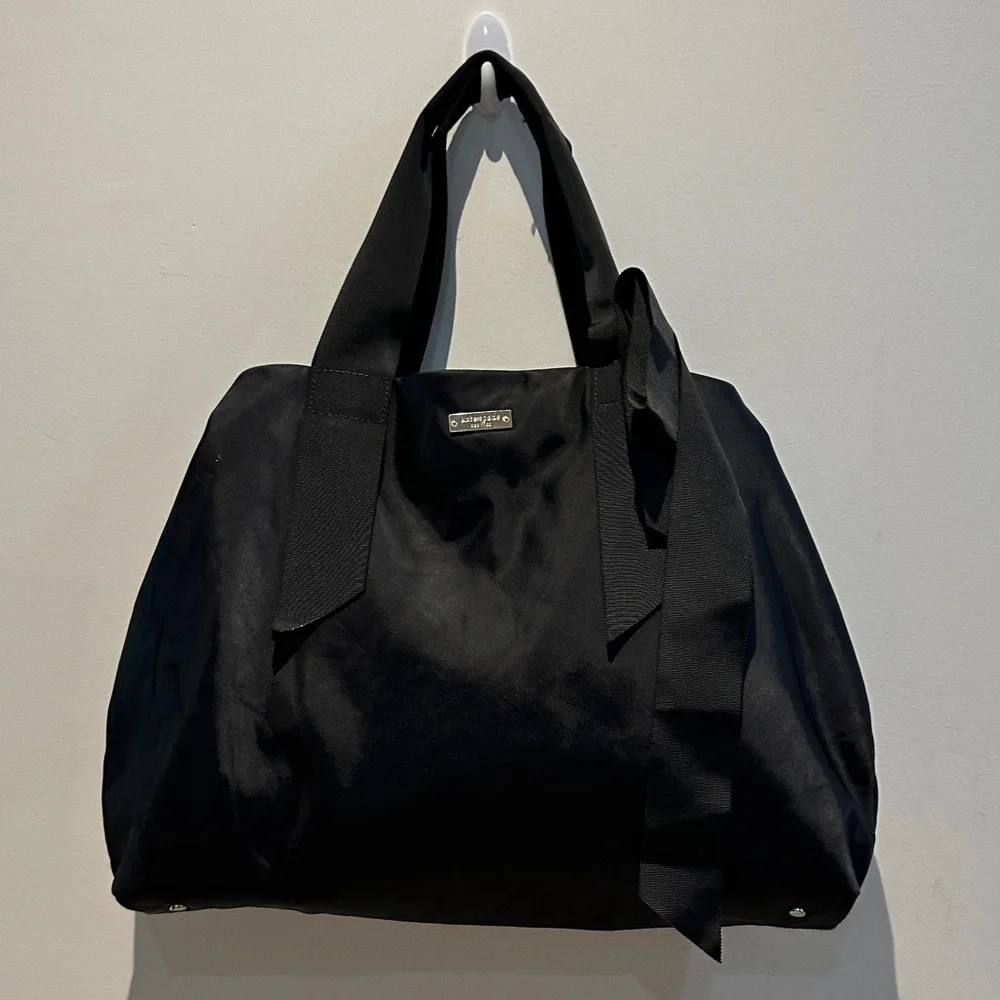 Kate Spade Seraphine X Large Black Tote Bag Polka Dot Int EUC Satin w/Ribbon